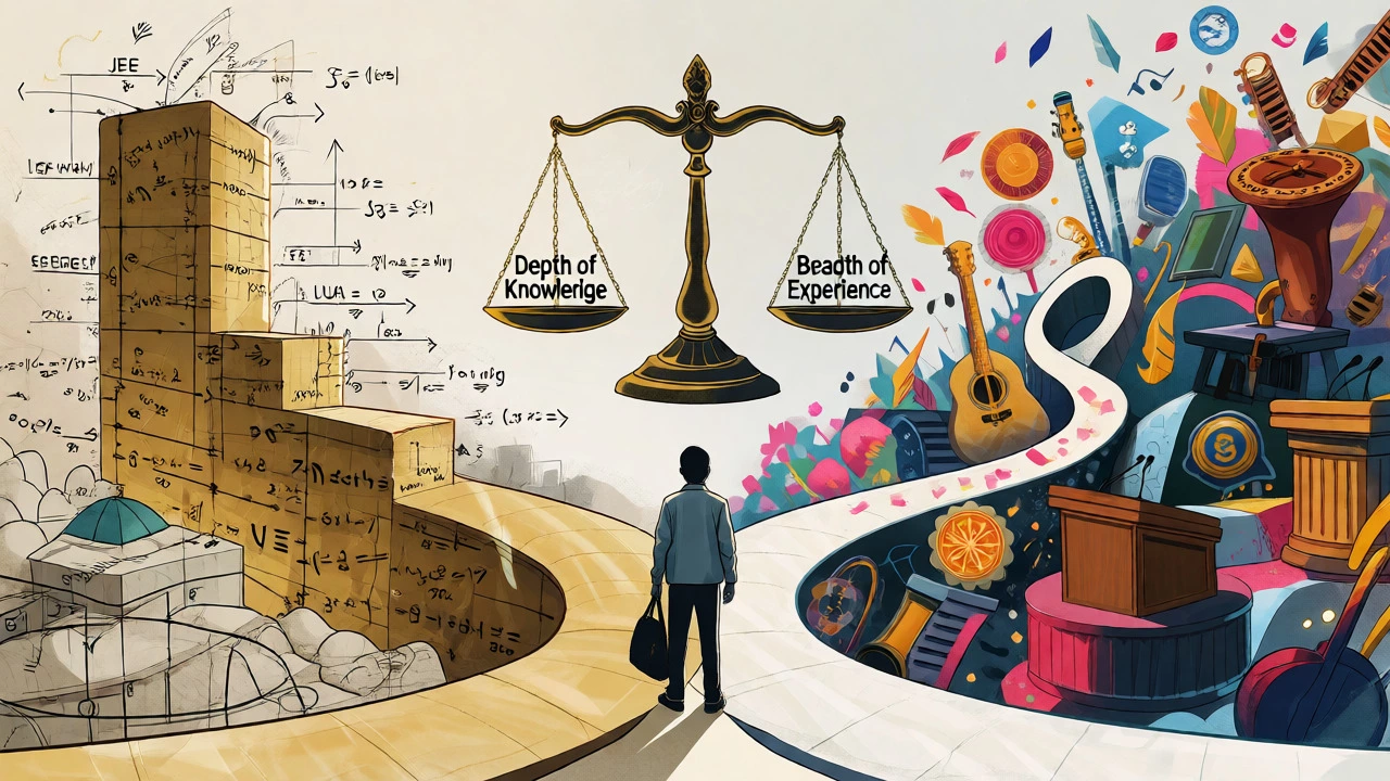 Conceptual art showing a student choosing between rigorous engineering paths and holistic extracurricular opportunities.