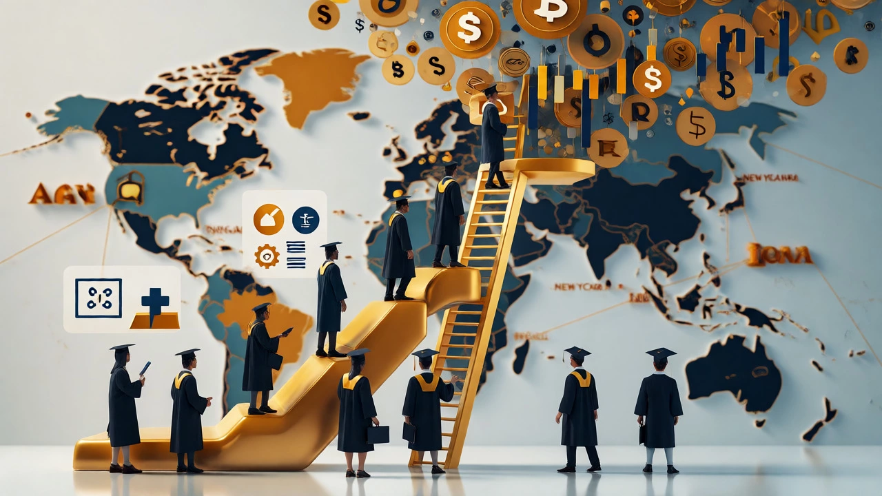 Graduates climbing a golden ladder toward various career paths