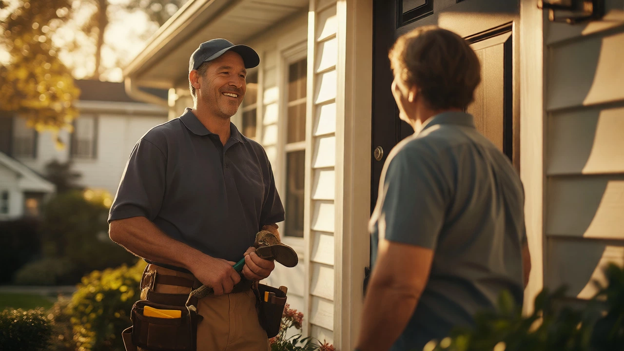 Handyman discussing work with homeowner at front door