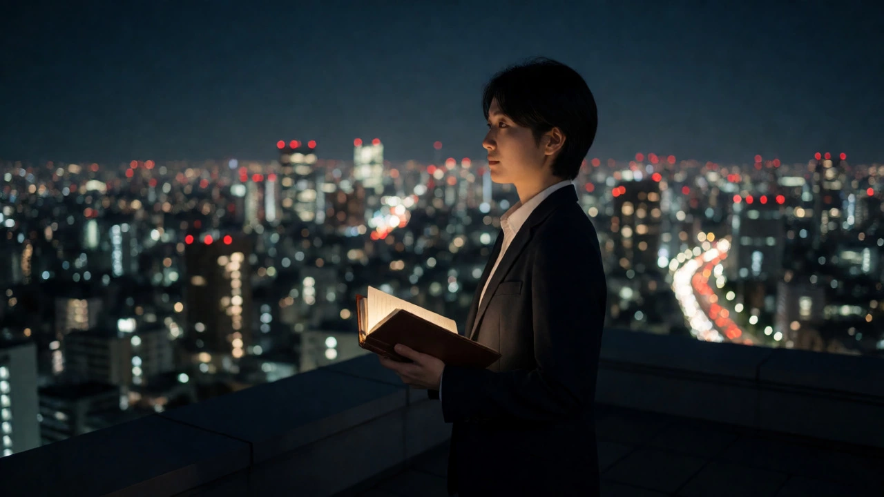 Professional contemplating career ROI on a rooftop overlooking a city at night.