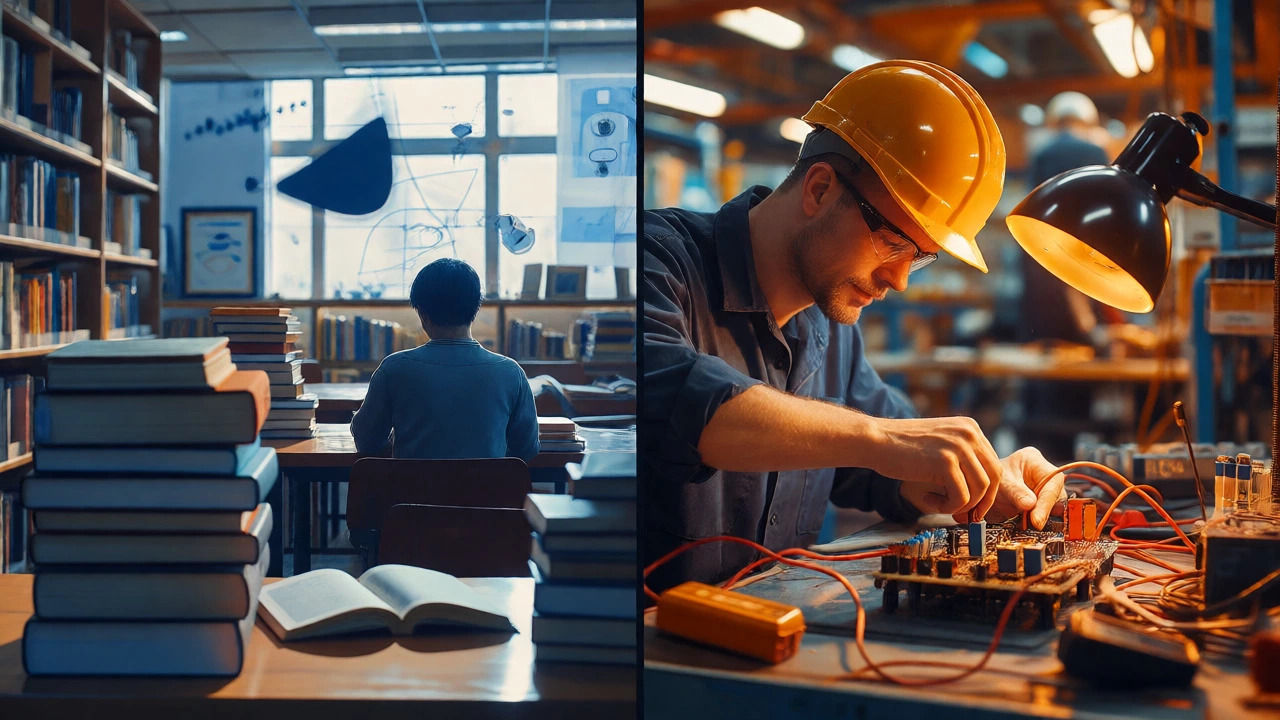 Split view comparing a theoretical library study scene with a practical hands-on electrical workshop.
