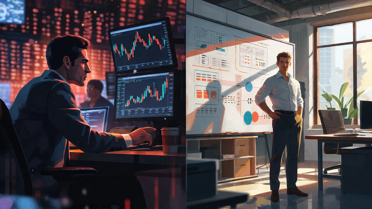 Split view comparing investment banking and tech management workplaces