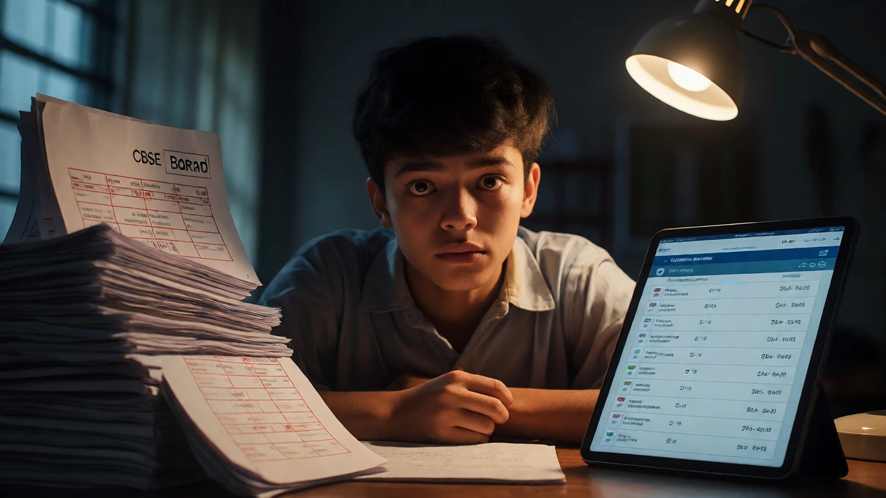 Student weighing high-stakes board exams against continuous GPA assessments in a dimly lit study room.