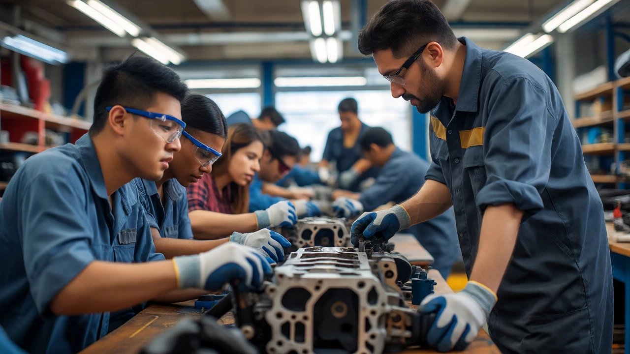 Students in protective gear working on mechanical repairs in a busy technical training institute.