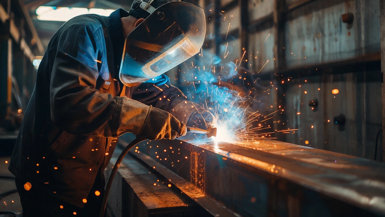 Welder creating sparks on steel beam at industrial site