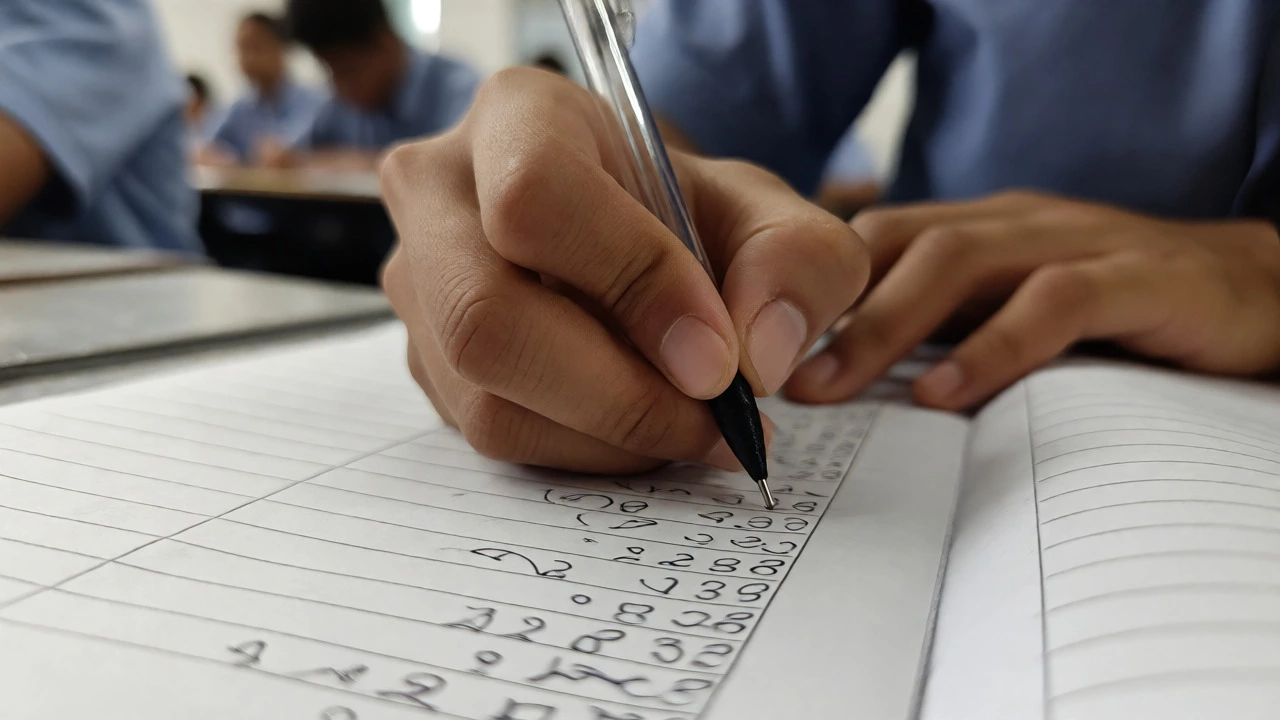 Close-up of hands writing during a CBSE board exam