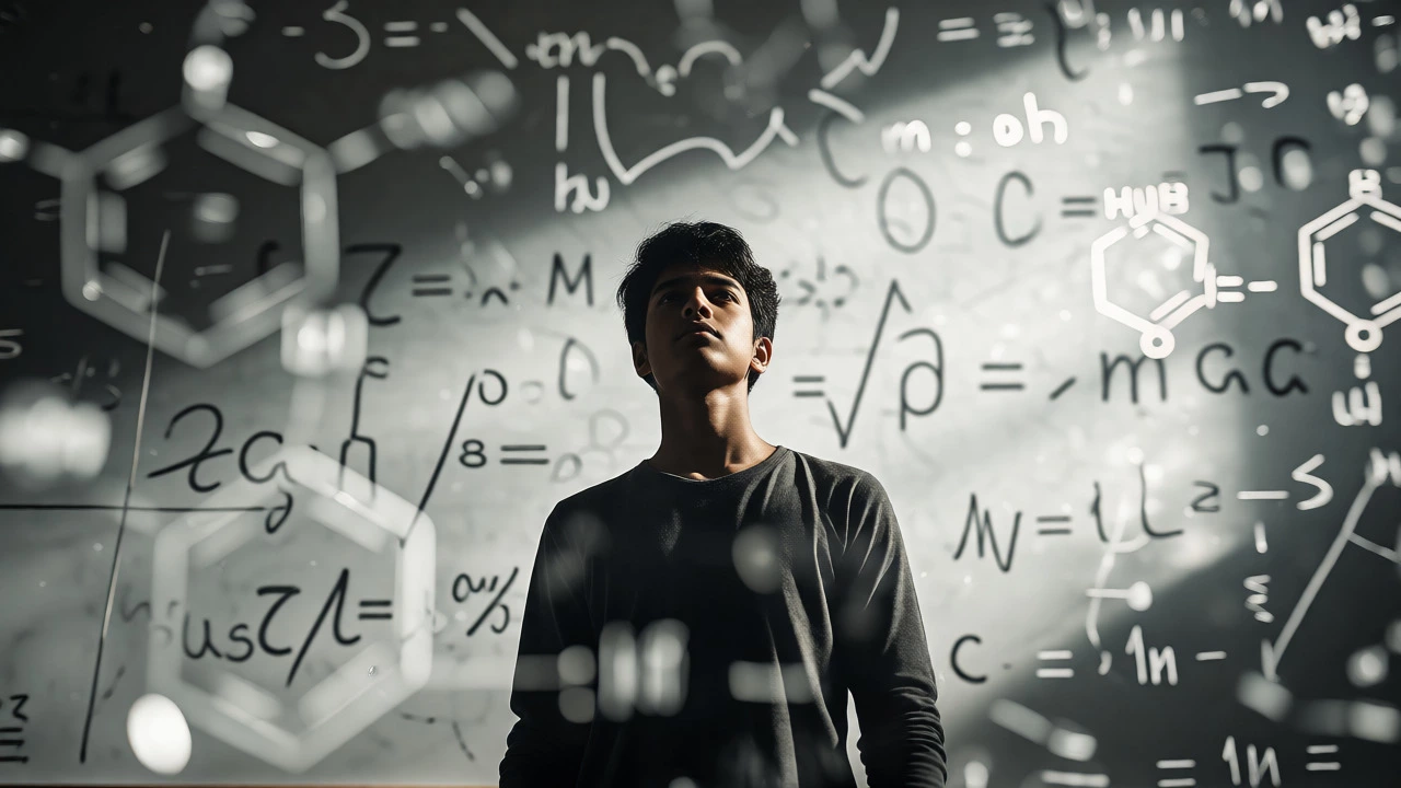 Confident student standing before a backdrop of floating scientific formulas.
