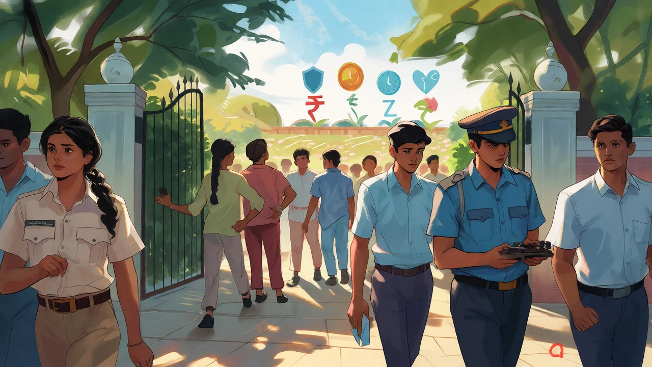 Diverse group of workers entering a peaceful garden symbolizing stable government jobs.