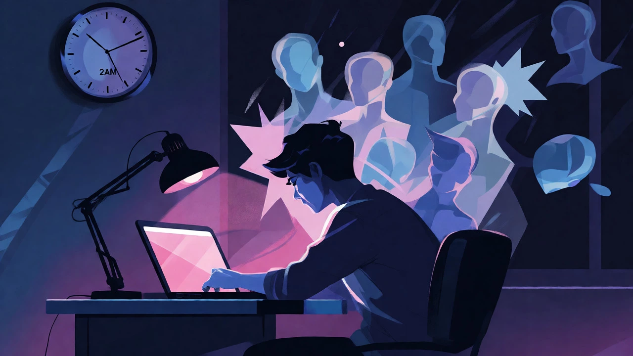 Exhausted student working late at night with ghostly teammates looming overhead, symbolizing team struggles.