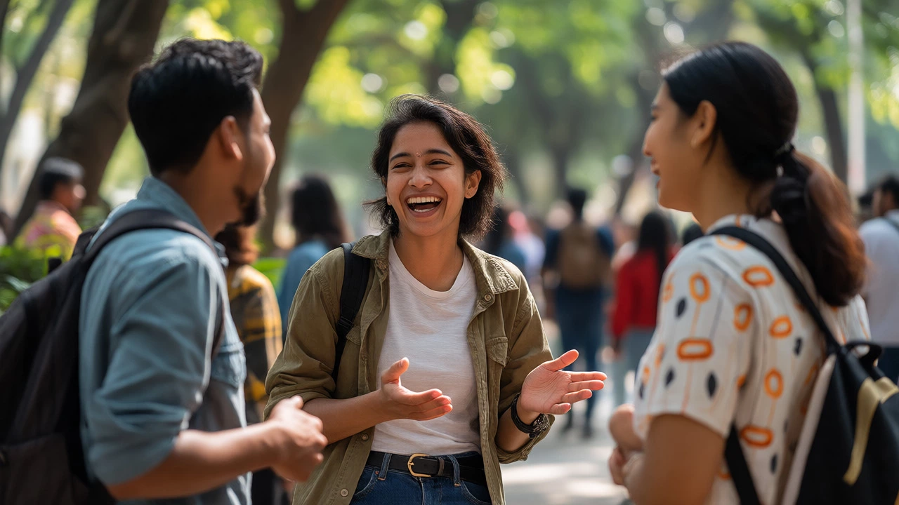 Friends chatting confidently and laughing in a public park