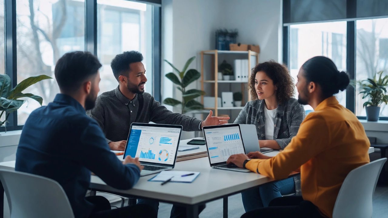 Professionals working on digital marketing and bookkeeping tasks