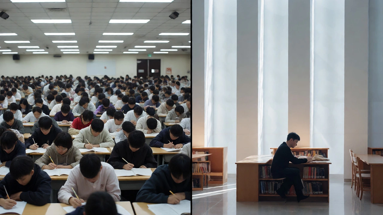 Split image comparing crowded Asian exam prep with solitary Western critical thinking.