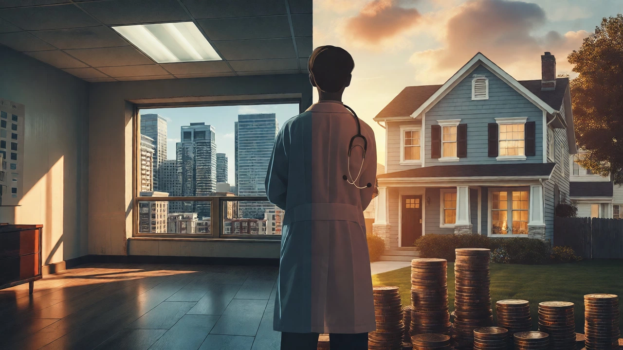 Split image comparing expensive city housing with a suburban home for a doctor.