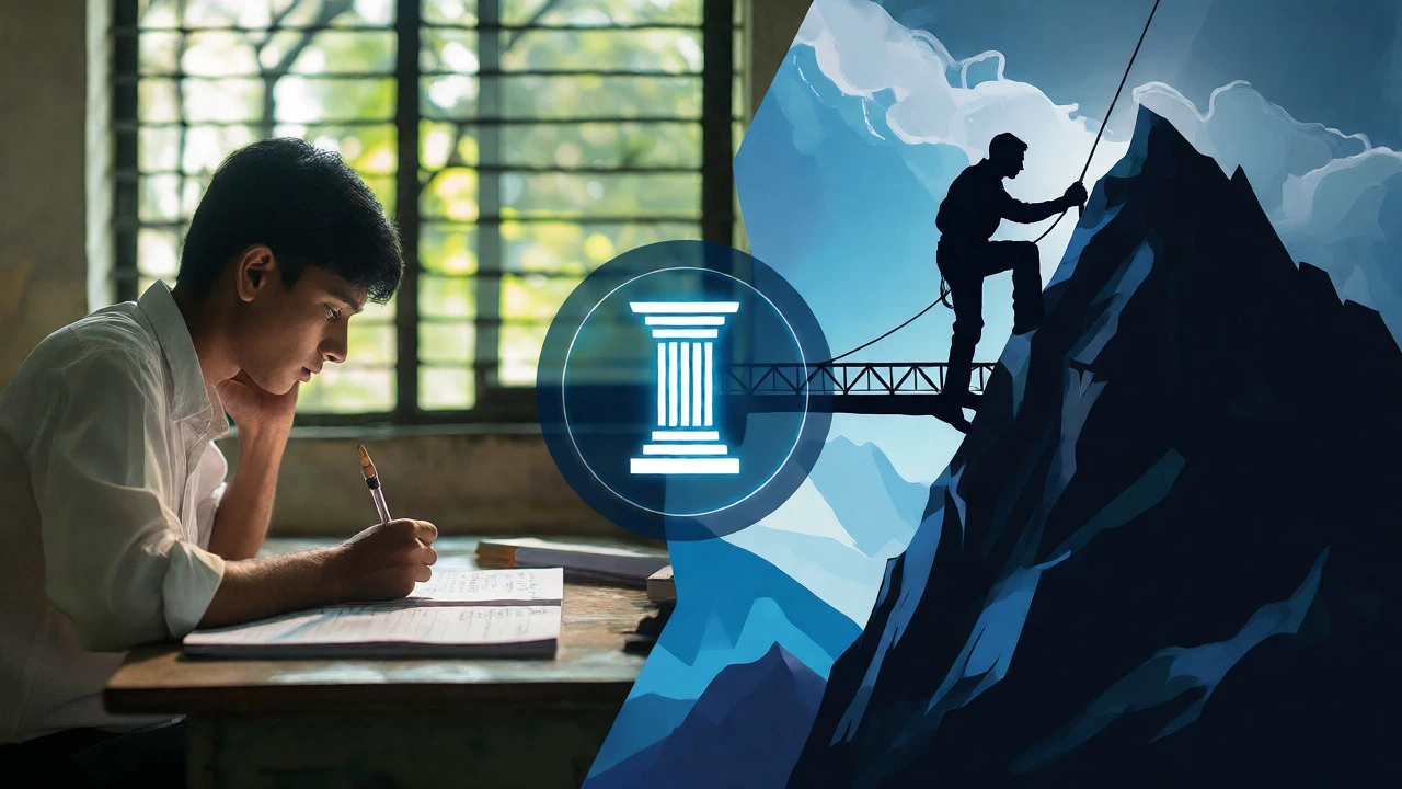Split view comparing easy exam prep with difficult civil service climbing metaphor.