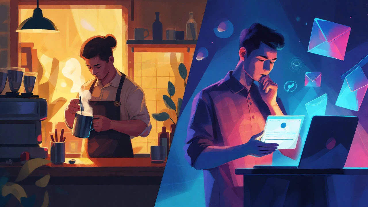 Split view of barista and coder illustrating career paths
