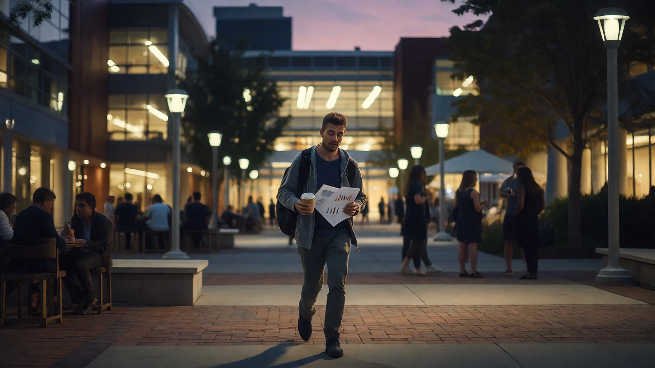 Student walking through campus at dusk, juggling financial and marketing concepts amid networking events.