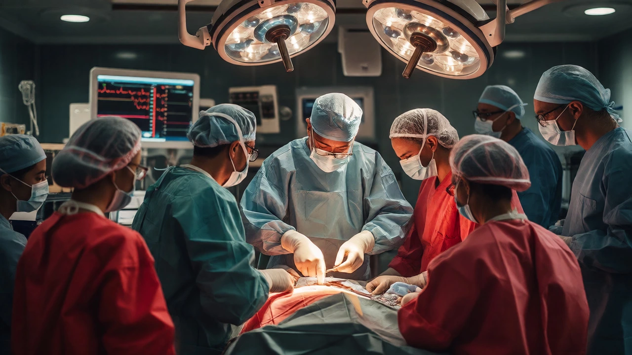 Surgical team performing an operation in a brightly lit operating room.