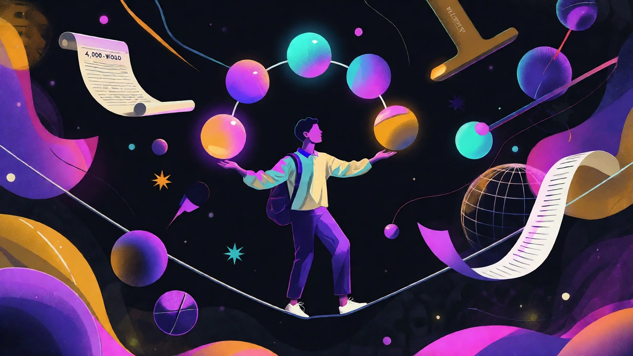 Surreal illustration of a student balancing six glowing orbs representing IB subjects.